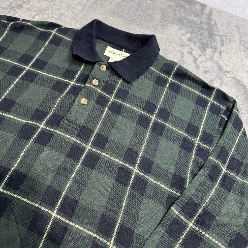 VTG 90s Eddie Bauer Cotton Knit Polo Shirt Long Sleeve Green Plaid Mens L Indie